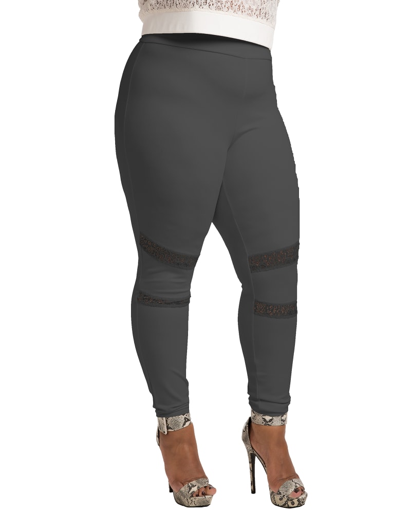 Front of a model wearing a size 1X Peekaboo Lace Ponte Legging in Charcoal by Poetic Justice. | dia_product_style_image_id:275525
